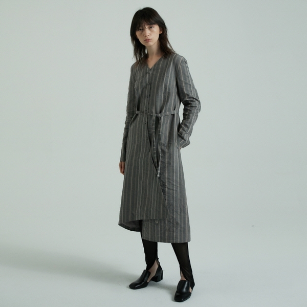 UNEVEN CUT COAT DRESS -BROWN STRIPE