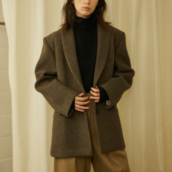 SHAWL COLLAR HALF COAT - HERRINGBONE BROWN 