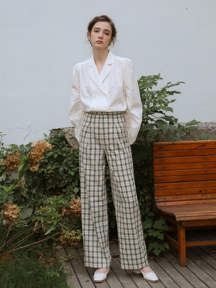 Wide green high waist check pants