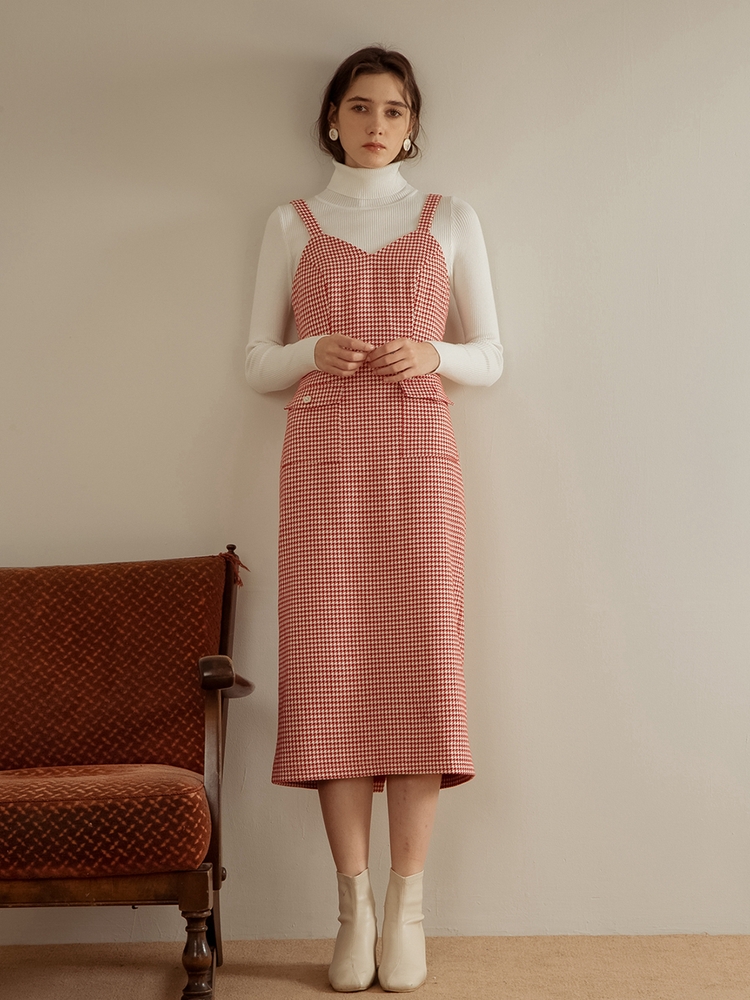 Red hound tooth check slim dress