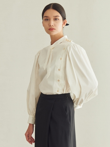 Cross ribbon side button Blouse - White