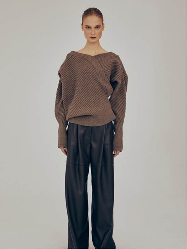 UNBALANCE RIBBED SWEATER_LIGHT BROWN