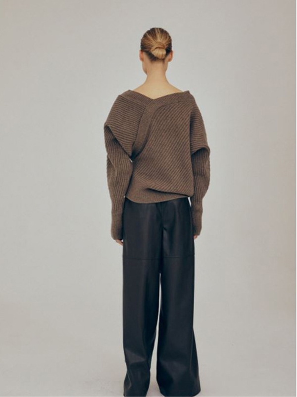 UNBALANCE RIBBED SWEATER_LIGHT BROWN