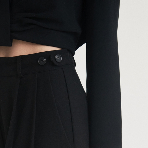 Two-Tuck Button Wide Wool Pants (Black)