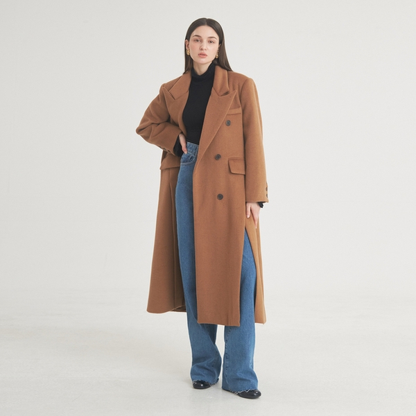 Tailored Double-Breasted Slit Coat  (Brown)