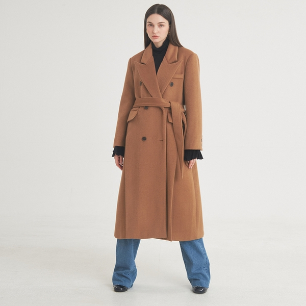 Tailored Double-Breasted Slit Coat  (Brown)