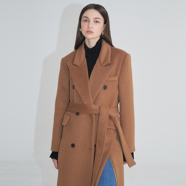 Tailored Double-Breasted Slit Coat  (Brown)