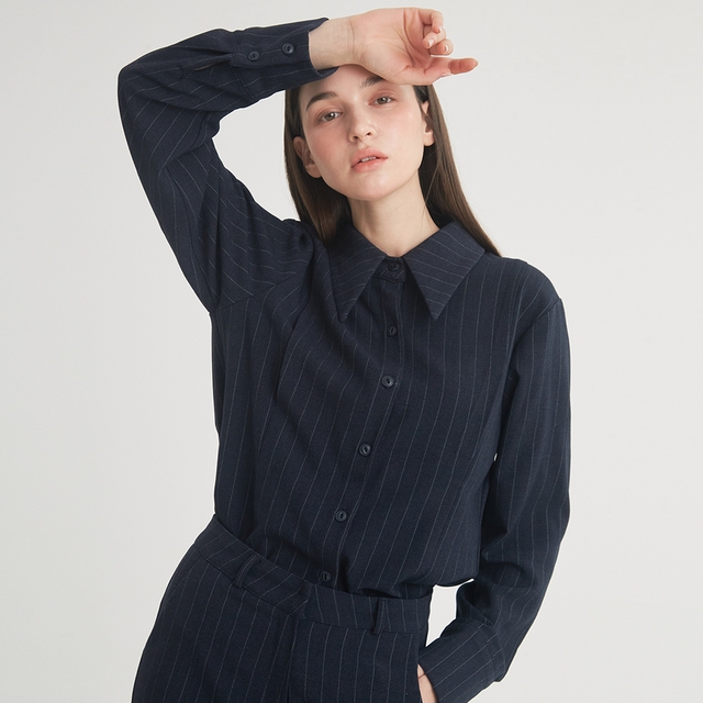 Wool Stripe Pintuck Shirt (Navy)