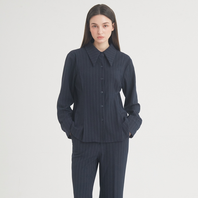 Wool Stripe Pintuck Shirt (Navy)