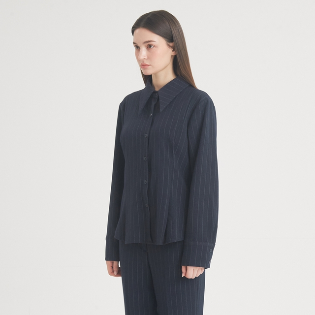 Wool Stripe Pintuck Shirt (Navy)