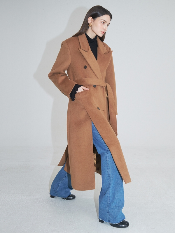 Tailored Double-Breasted Slit Coat  (Brown)