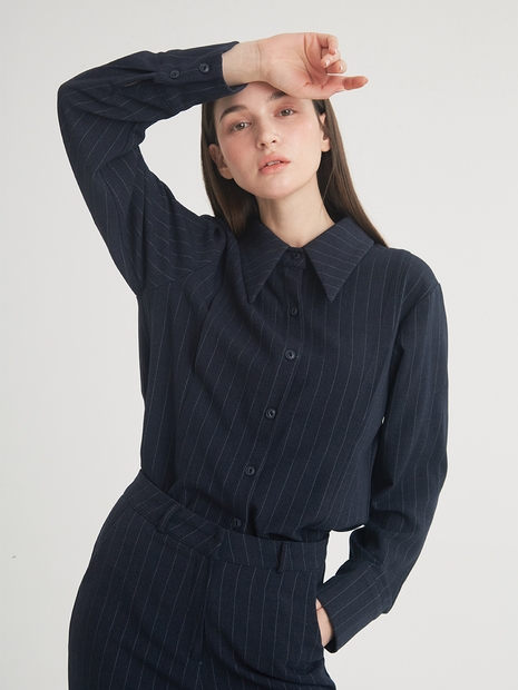 Wool Stripe Pintuck Shirt (Navy)