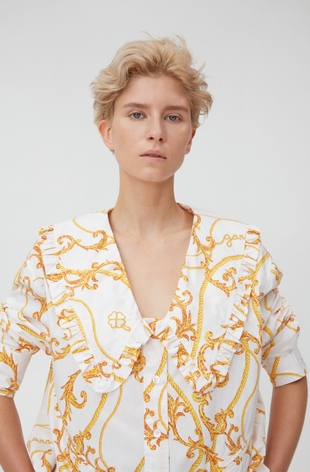 Printed Cotton Poplin V-Neck Frill Collar Wide Shi