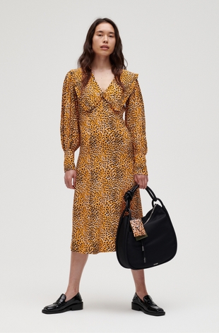 Printed Crepe V-Neck Ruffle Collar Dress