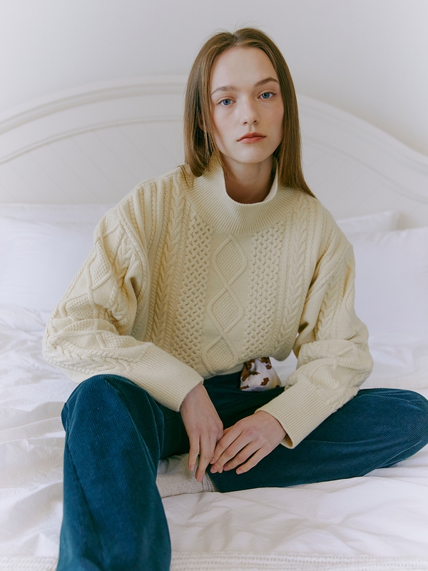 Turtle-Neck Cable Knit Top, Butter