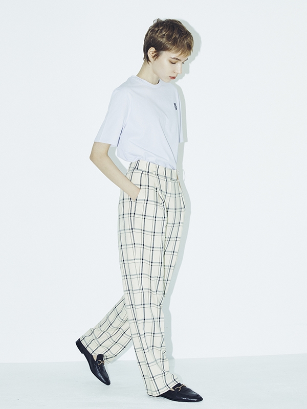 Check Wide Trousers - Cream