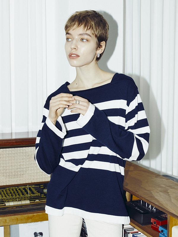 Square Neck Stripe Knit - Navy