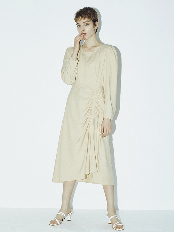 Long Sleeve Shirring Midi Dress - Light Beige