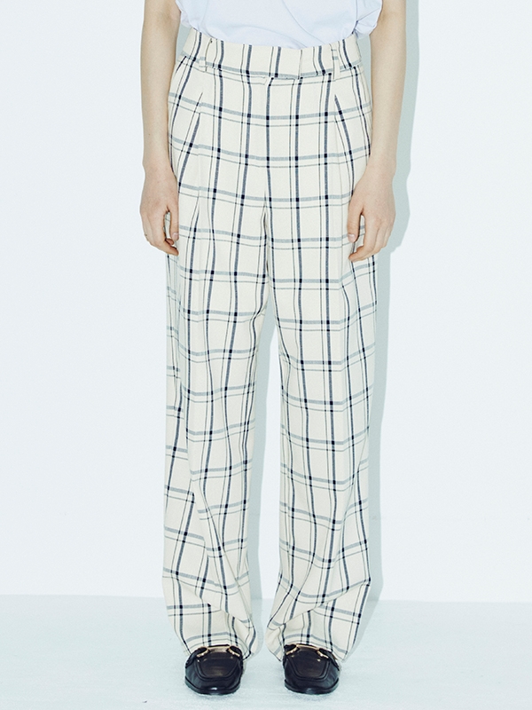 Check Wide Trousers - Cream