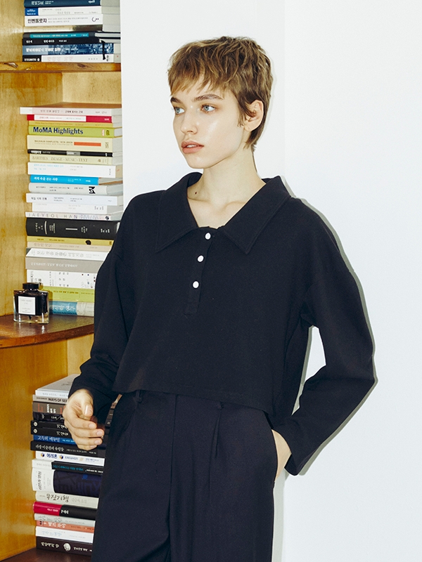 Shirt Collar Crop T-Shirt - Black