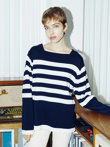 Square Neck Stripe Knit - Navy