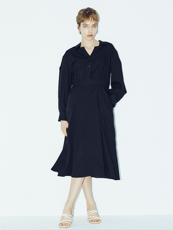 V Neck Collar Button Dress - Black