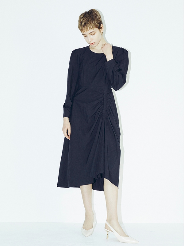 Long Sleeve Shirring Midi Dress - Black