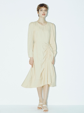 Long Sleeve Shirring Midi Dress - Light Beige