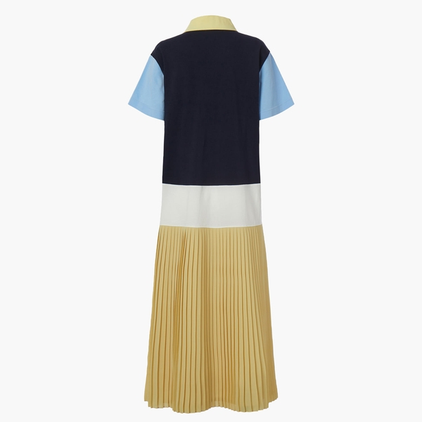 COLOR BLOCK PLEATED PIQUE LONG DRESS, YELLOW