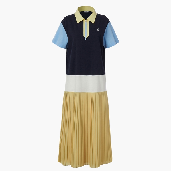 COLOR BLOCK PLEATED PIQUE LONG DRESS, YELLOW