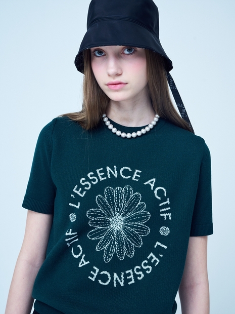 EMBLEM JACQUARD KNIT TOP HALF SLEEVE_DEEP GREEN