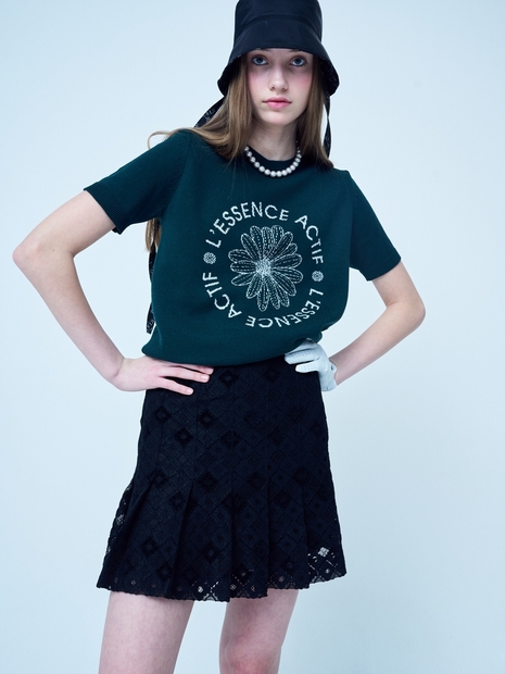 LACE PLEATS SKIRT_BLACK