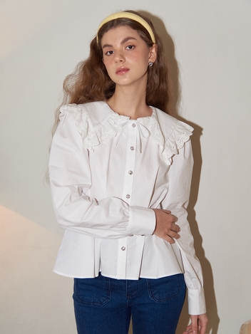 Lace Collar Puff Shoulder Blouse_ White