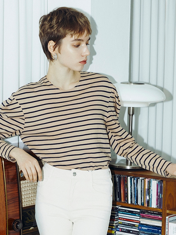 Tuck Sleeve Stripe T-Shirts - Beige