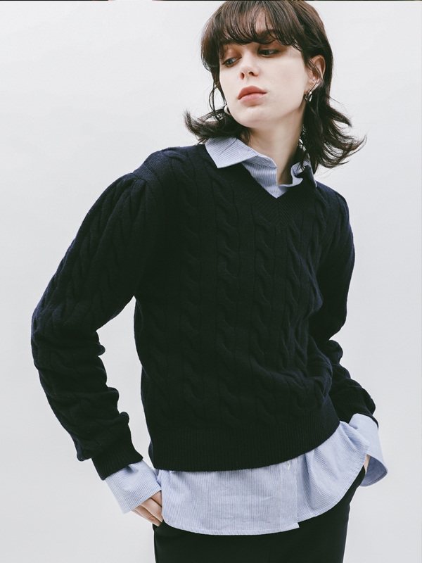 Puff Twist V Neck Knit Navy