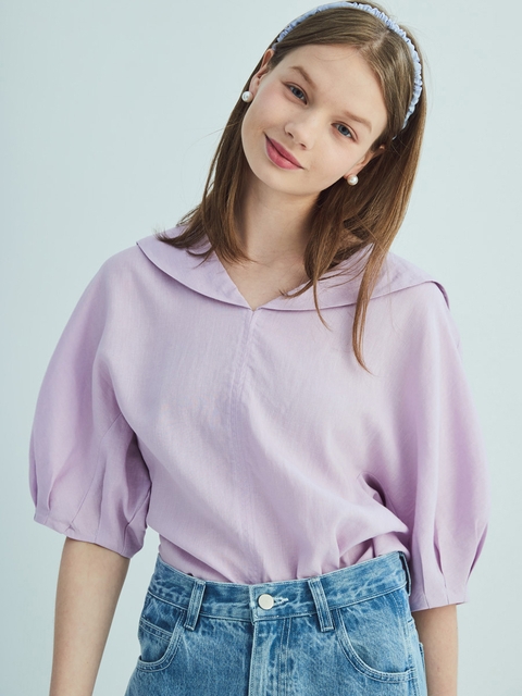 SAILOR COLLAR LINEN PUFF SLEEVE BLOUSE_LAVENDER