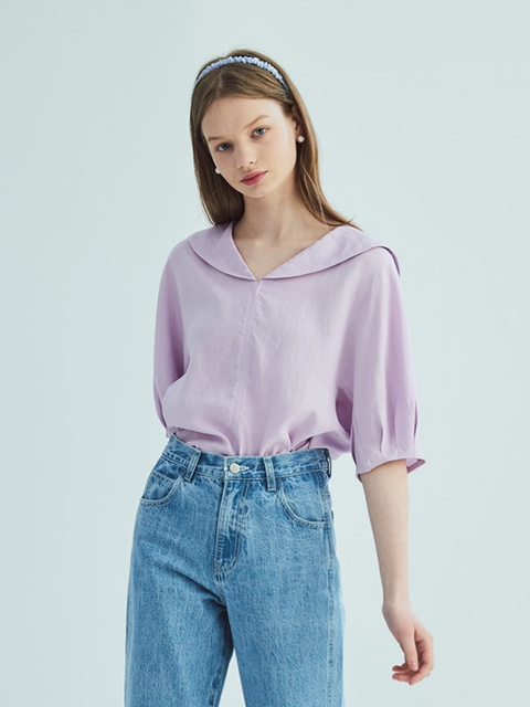 SAILOR COLLAR LINEN PUFF SLEEVE BLOUSE_LAVENDER