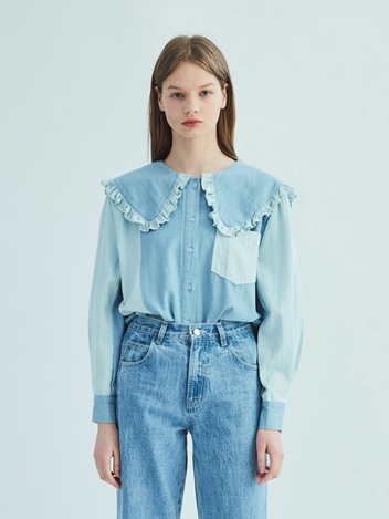 COLOR CONTRAST DENIM BLOUSE_LIGHT INDIGO