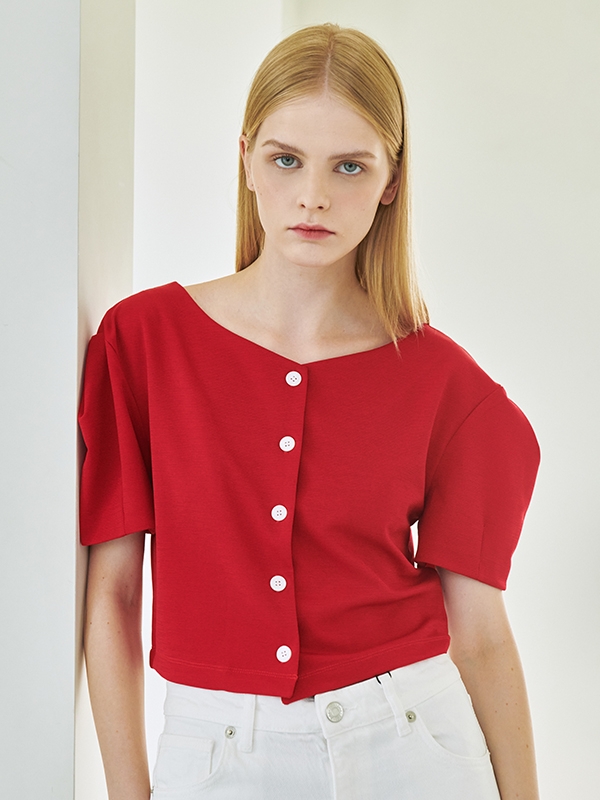 Volume Sleeve Crop Jersey Cardigan - Red