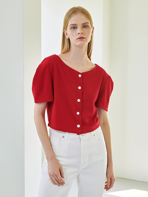 Volume Sleeve Crop Jersey Cardigan - Red