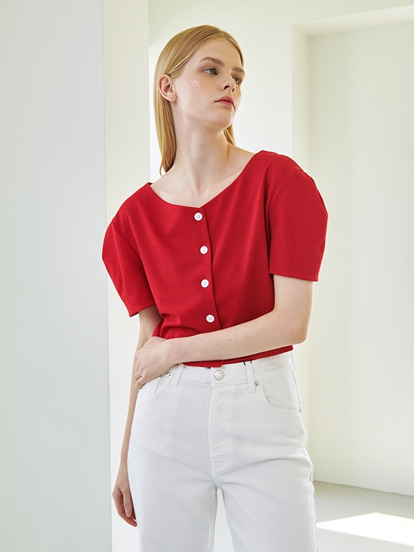 Volume Sleeve Crop Jersey Cardigan - Red