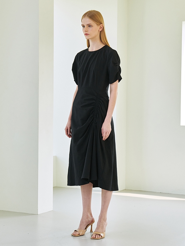 Shirring Midi Dress - Black