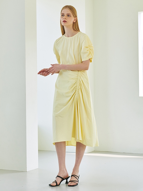 Shirring Midi Dress - Lemon Yellow