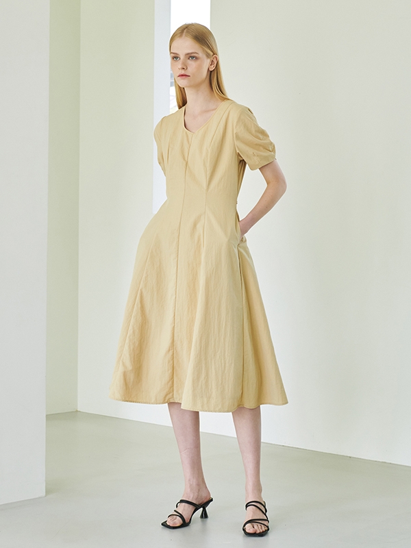 U Neck Flare Dress - Yellow Beige