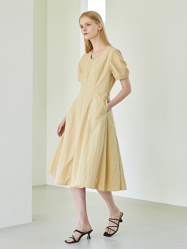 U Neck Flare Dress - Yellow Beige