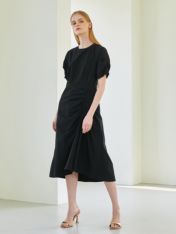 Shirring Midi Dress - Black