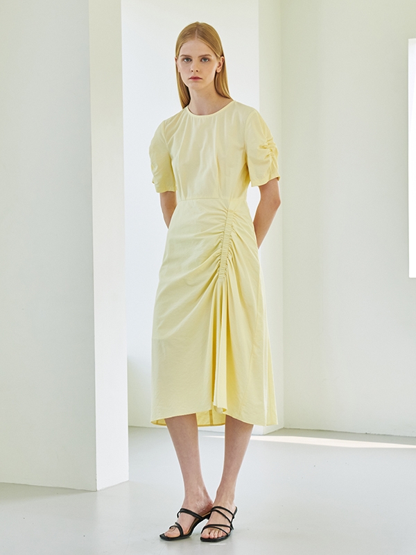 Shirring Midi Dress - Lemon Yellow