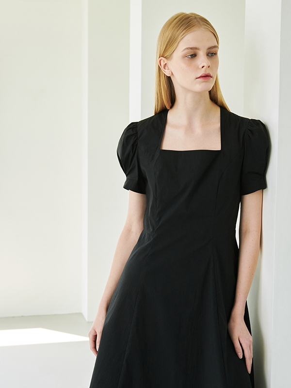 Square Neck Shirring Dress - Black