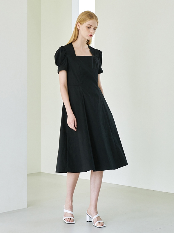 Square Neck Shirring Dress - Black