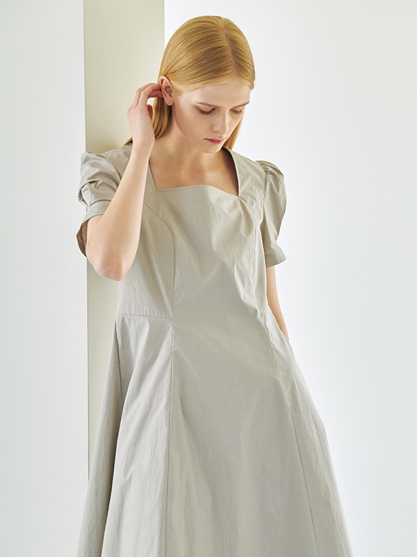 Square Neck Shirring Dress - Gray